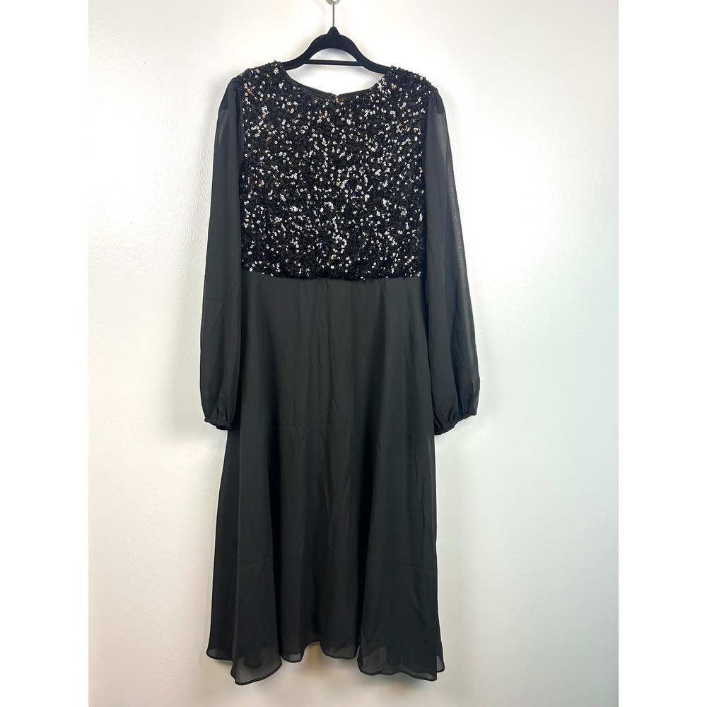 JJs House Black Sequin Sheer‎ Long Sleeve Dress Sz Large Midi Formal Party Prom